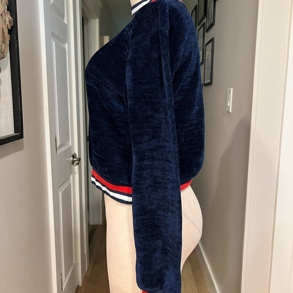 J.O.A. Navy with red and white trim short chenille sweater - Picture 12 of 14